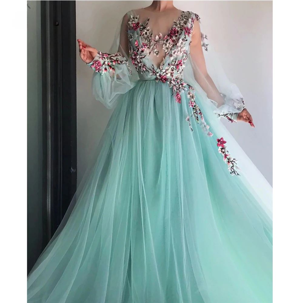 

Jiayigong Fairy Light Mint Green Tulle 3D Flowers Evening Dresses Puff Long Sleeves O-Neck Vintage Prom Party Gowns