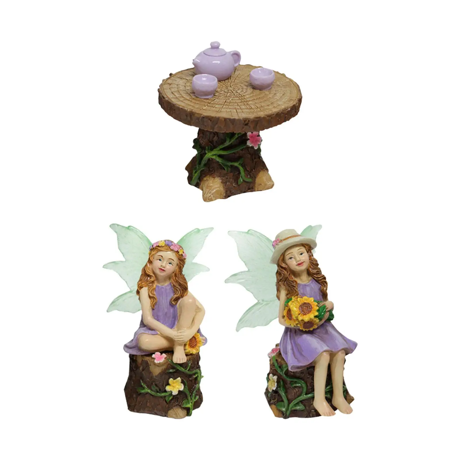 Fairy Garden Accessories Resin Statue Miniature Figurine Decor Afternoon Tea Set for Flower Pot Lawn Patio Planter Deck Outdoor