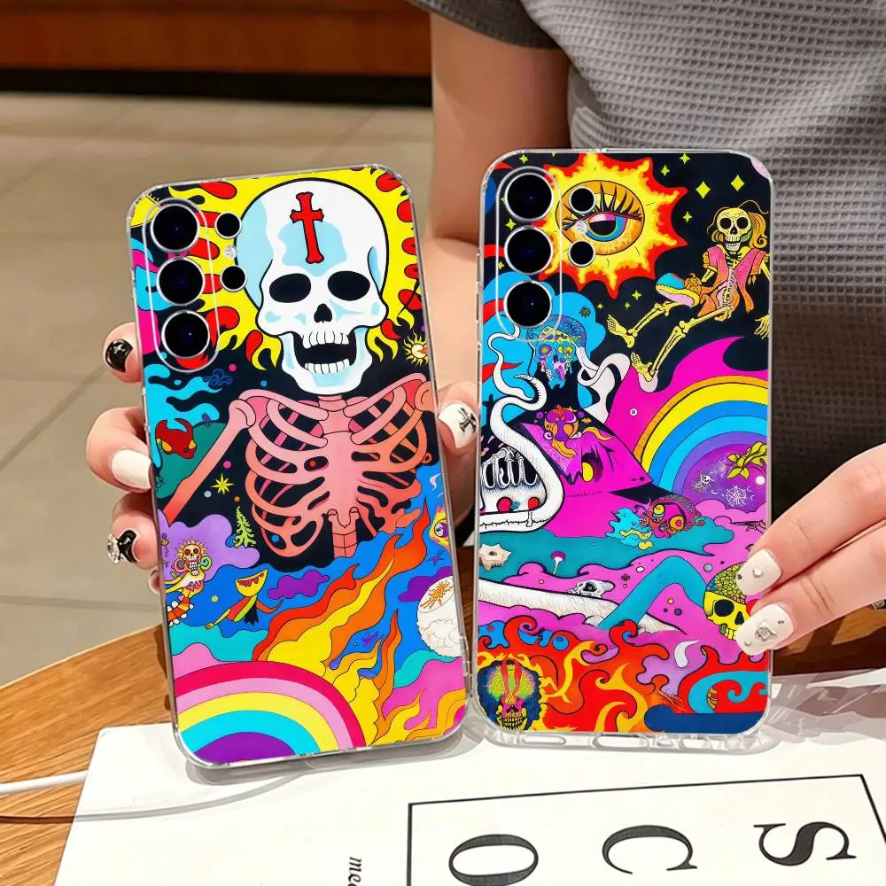 Psychedelic Skeleton Party Phone Case For Samsung S25,S24,S21,S22,S23,S30,Ultra,S20,Plus,Fe,Note,10,9,5G Transparent Cover