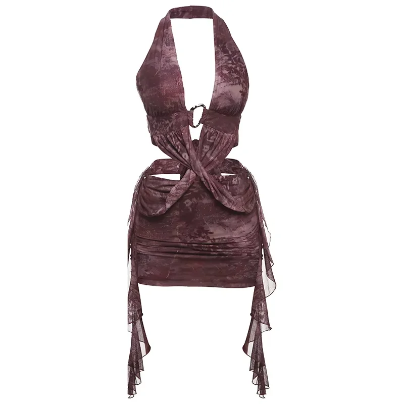 Sisterlinda ฤดูใบไม้ผลิ Release Junior แฟชั่นเซ็กซี่ High Street Mini Dress K25D62764 สาว Slim Halter Cleavage Backless Robe