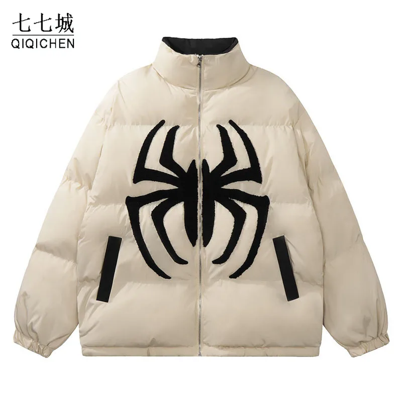 Mens Streetwear Parkas Jacket Harajuku Embroidery Spider Thick Warm Parka Y2k Fashion Stand Collar Oversized Padded Coat Unisex