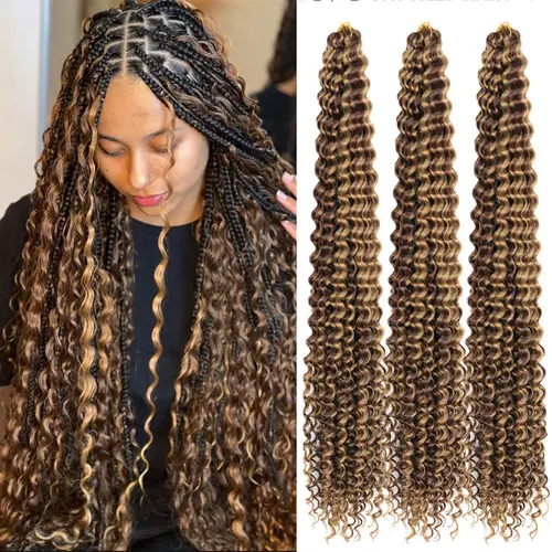 Pelo de ganchillo ondulado profundo, pelo trenzado bohemio, pelo rizado sintético, trenzas de ganchillo, extensiones de cabello trenzado de fibra de alta temperatura