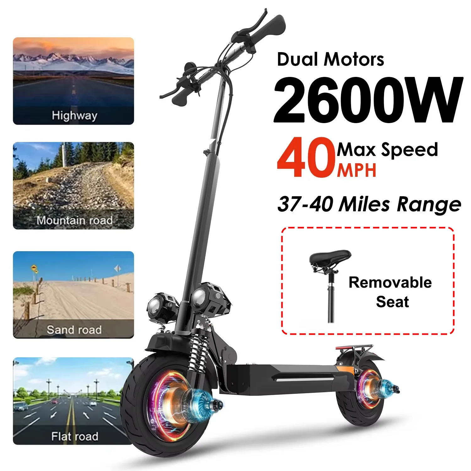 

Foldable Electric Scooter with Seat for Adults 2600W Dual Motors up to 70km/h 10inch Street Tires 3 Speed Gears Dual Brakes EABS