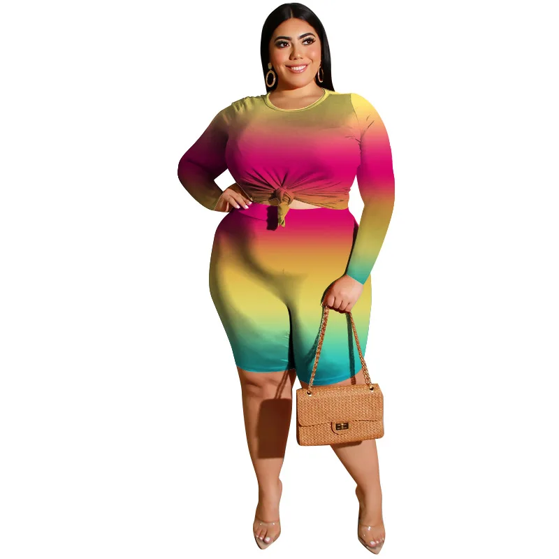 Wmstar Plus Size Women Clothes 2 Pcs Printing High Waist Great Stretch Long Sleeve Shorts Fashion Casual Two Piece Set Wholesale