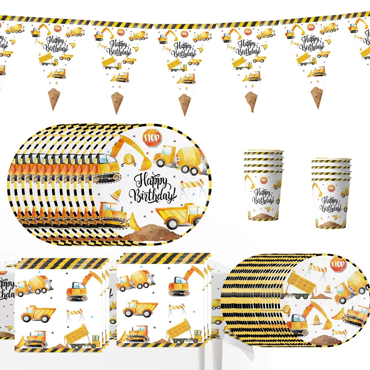 Bau-LKW-Motiv Geburtstagsparty-Zubehör: Papiergeschirr, Becher, Teller, Servietten, Zahlenballons für Kinder und Babyparty-Dekoration