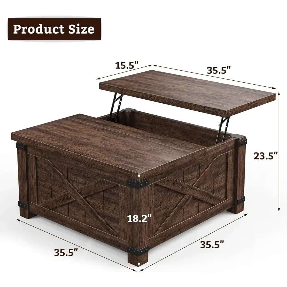 Mesa de centro de fazenda com armazenamento, mesa de centro quadrada grande de 35,5" de largura para sala de estar, mesa central de madeira com tampas articuladas