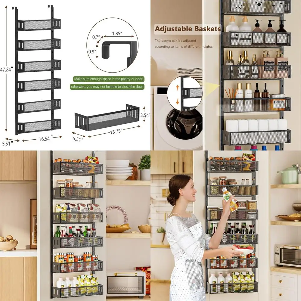 

6-уровневый дверной органайзер для кладовой с сетчатыми корзинами для хранения на кухне, ванной комнате и спальне (16 Вт, черный)