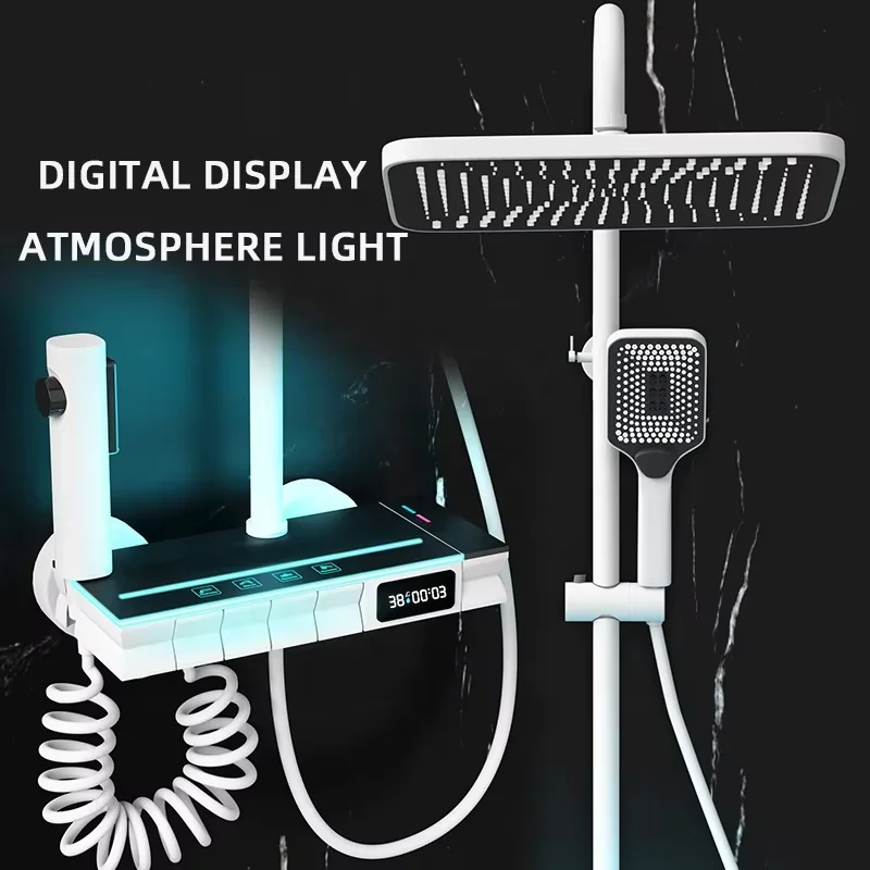 Brass Wall Mounted Shower Digital Atmosphere Light Piano Digital Display Bathroom LED Shower Faucet Piano Shower Mixer Set