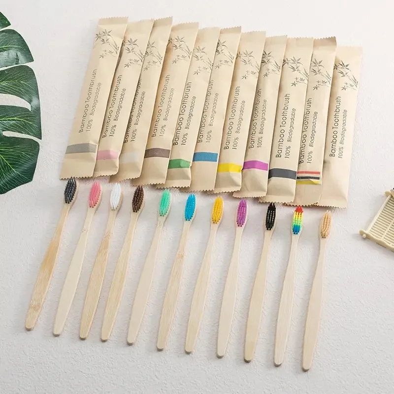 10 Pack Natural Bamboo Toothbrushes Eco Friendly Family Hotel Charcoal Bamboo Wood Teethbrush for Adults Kids Child