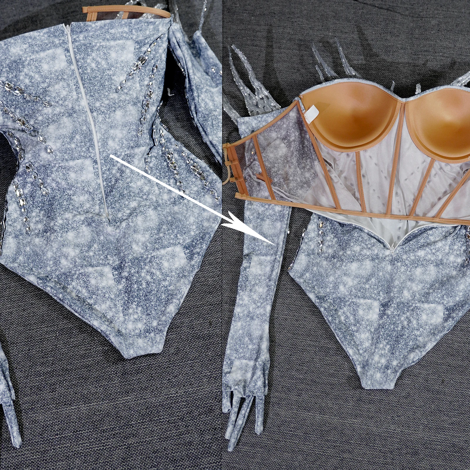 Grey Sparkly Rhinestone Bodysuit 3d Thorn Sequin Women Gloves Birthday Party Stage Costume Drag Queen Gogo Dancer DJ Outfit Rave - view 5