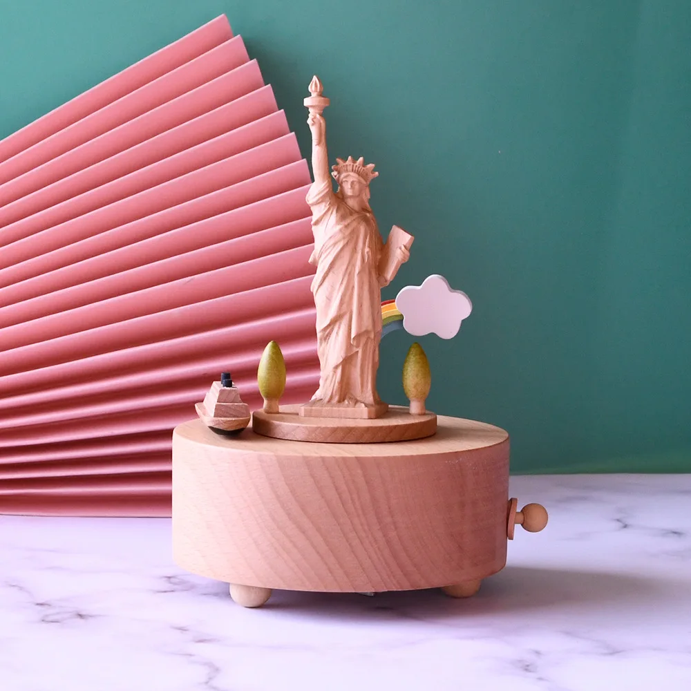 Handmade beech music box, American goddess statue carved music box holiday birthday gift
