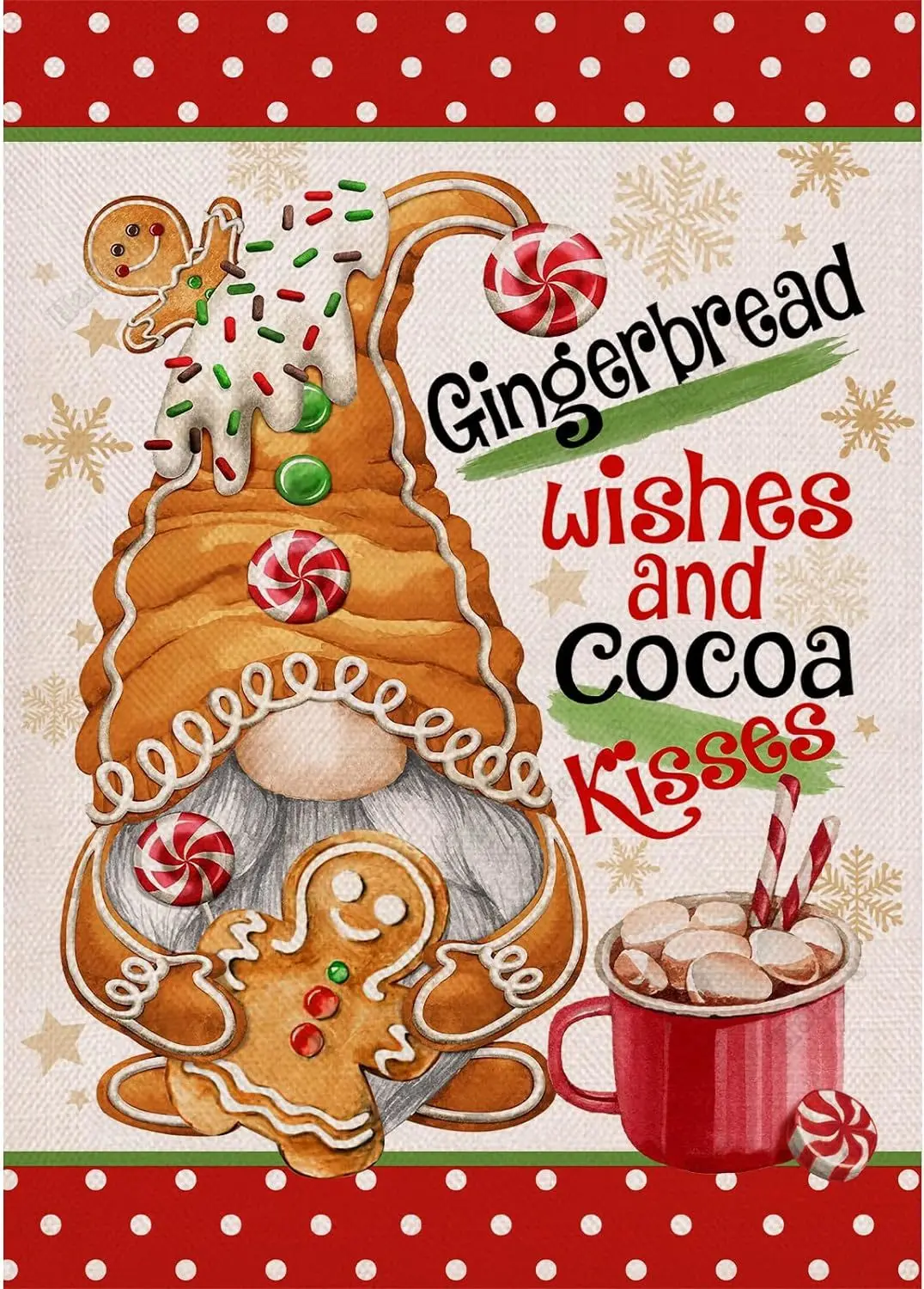 Christmas Gingerbread Wishes and Cocoa Kisses Gnome Decorative 12x18in Garden Flag Xmas Hot Chocolate Home Yard Outdoor