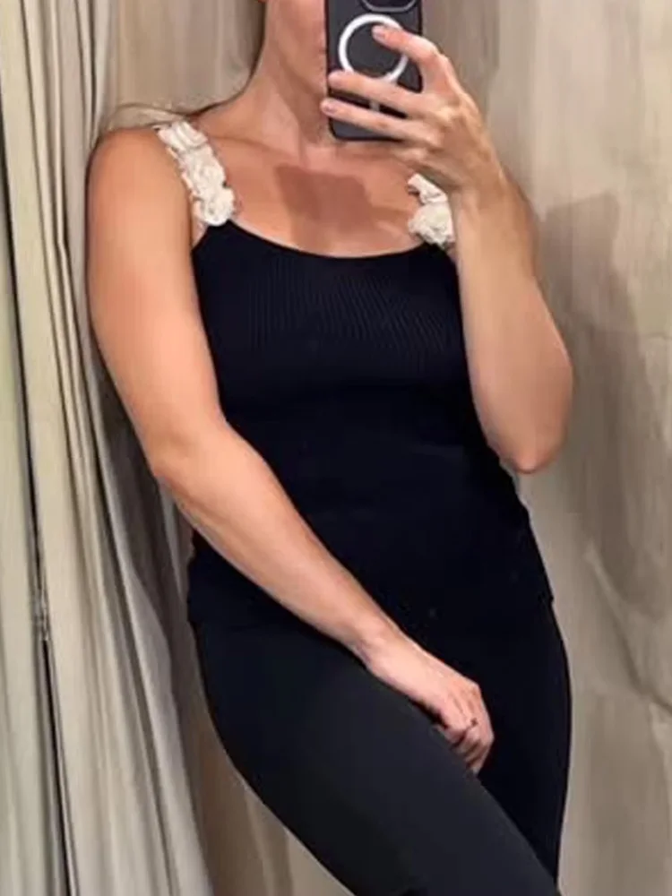 

HH Women Summer Fashion Solid Backless Flowers Decoration Sling Knitted Top Female Chic O-Neck Sleeveless Short Top Mujer