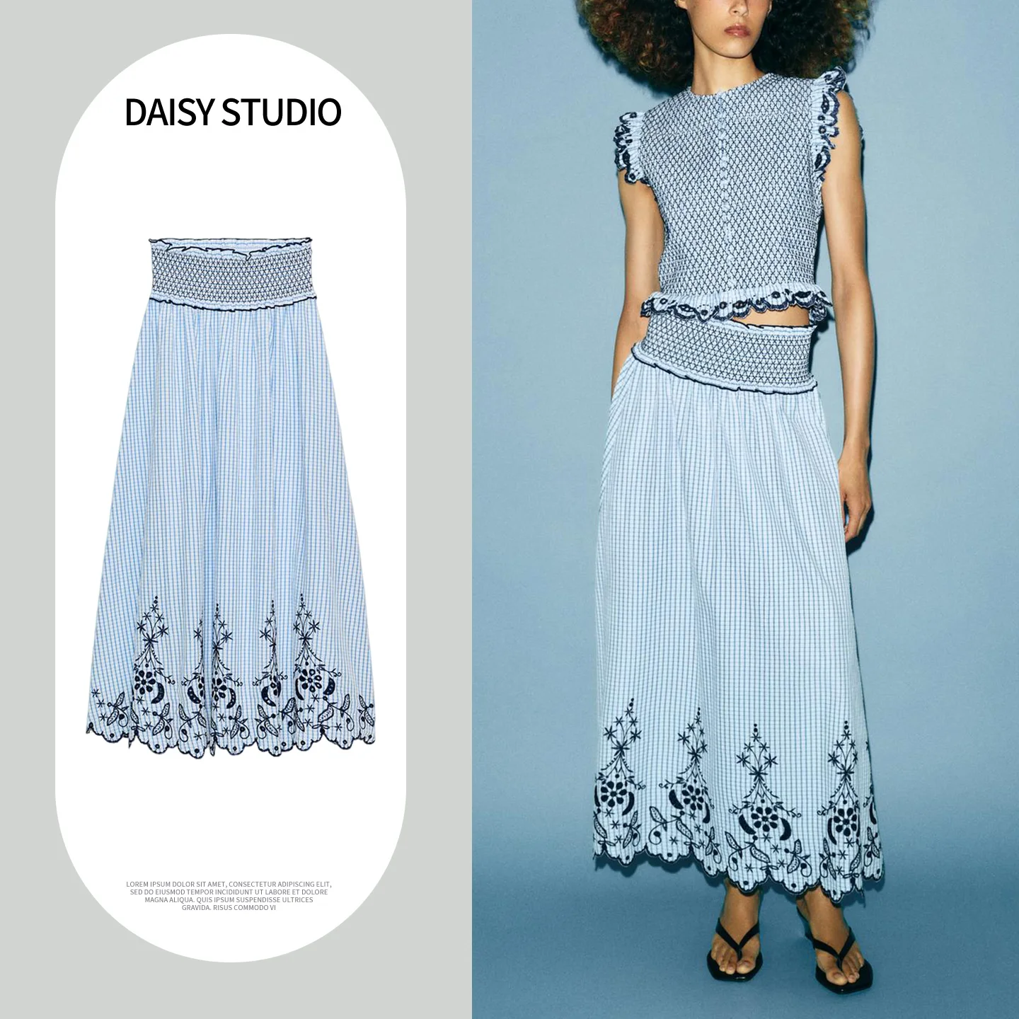 

Long Midi Skirt with Ruffle Hemline Elastic Waist Embroidered Striped Top round Neck Sleeveless Women's Fashion Set Spring Su...