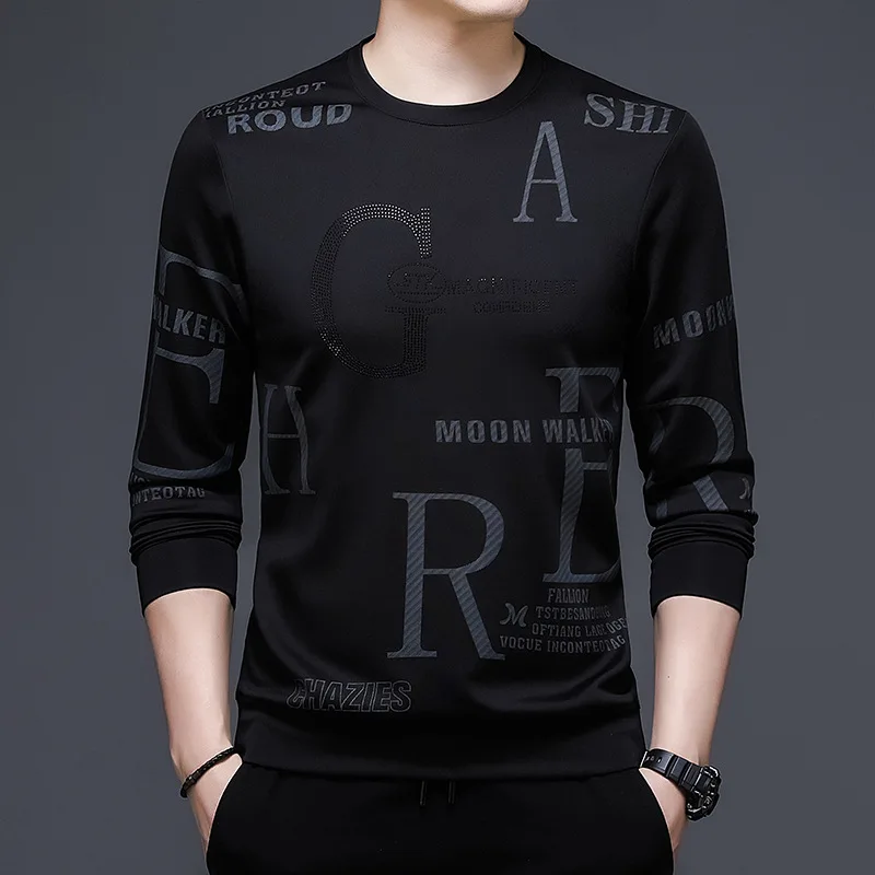 Spring and Autumn Men's Pullover Round Neck Solid Letter Printing Rhinestone Sports Sweater Long Sleeve T-shirt Fashion Tops