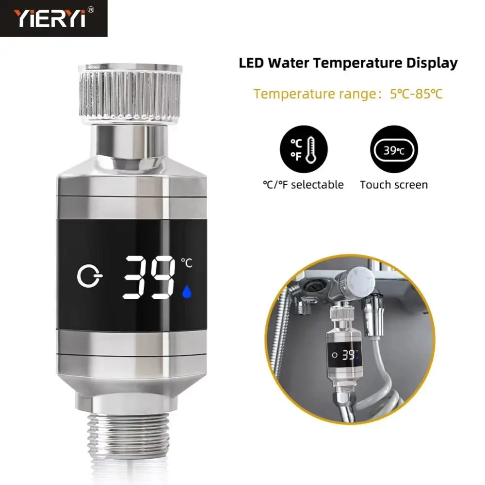 LED Digital Display Water Temperature Monitor High-precision Multifunctional Shower Water Thermometer Silvery ABS