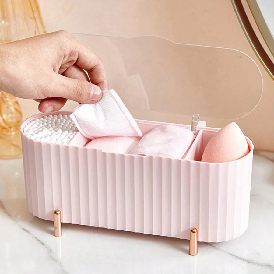 Organizador de Maquiagem de Mesa com 3 Compartimentos para Esponjas e Ferramentas de Beleza, Caixa de Armazenamento Multifuncional com Tampa