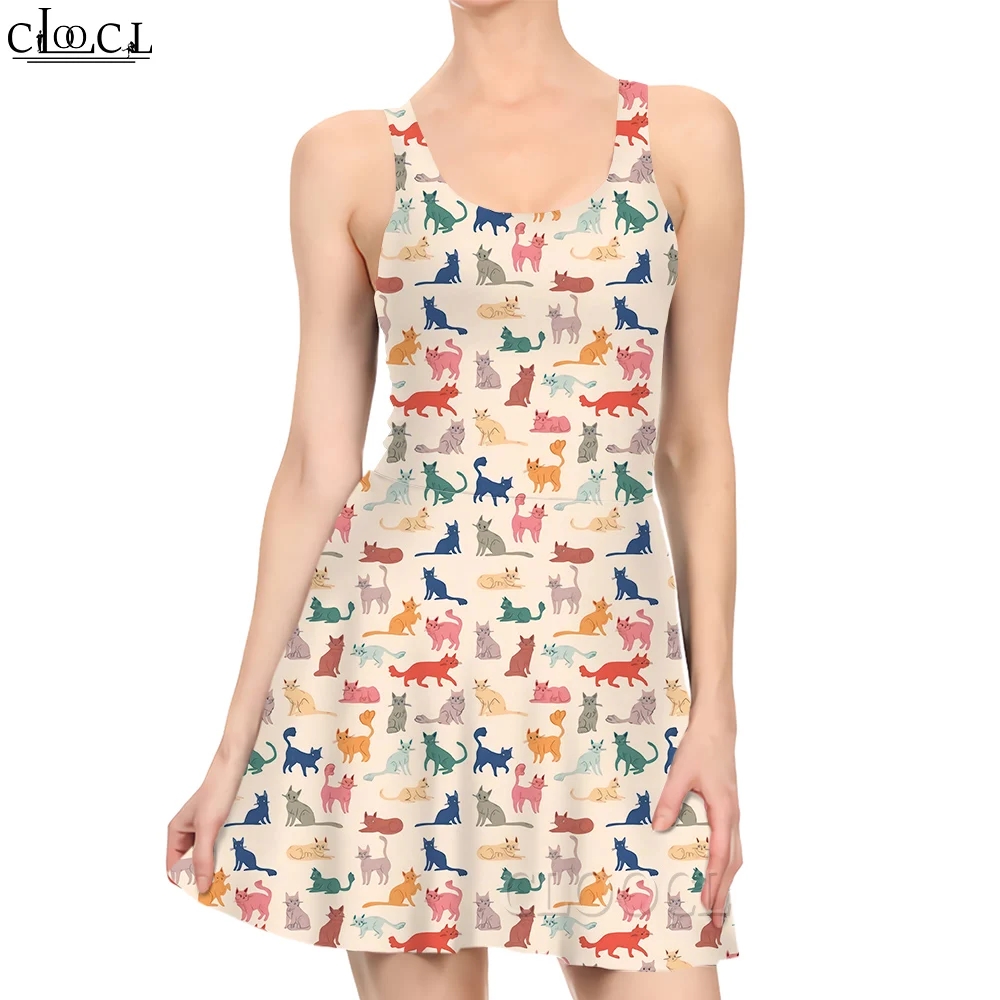 

CLOOCL Women Dress Cute Cartoon Cats 3D Printed Mini Dress for Fashion Female Sleeveless Knee-Length Summer Dress