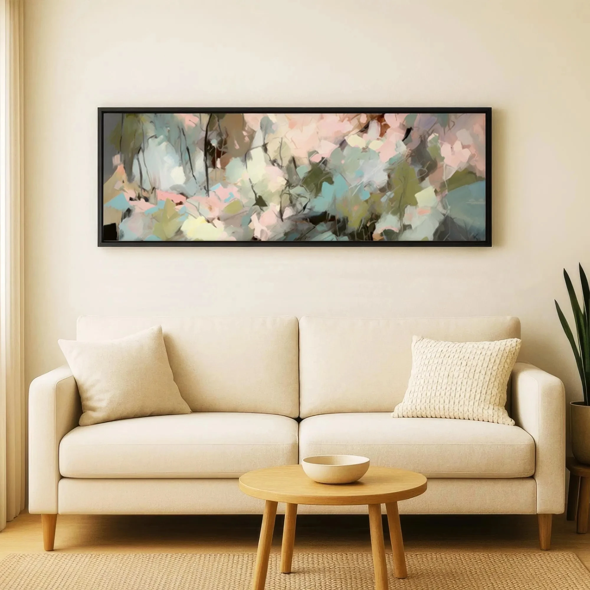 Large Horizontal Abstract Flower Canvas Print, Soft Pastel Pink Green Textured Floral Artwork, Modern Gentle Bedroom Wall Decor