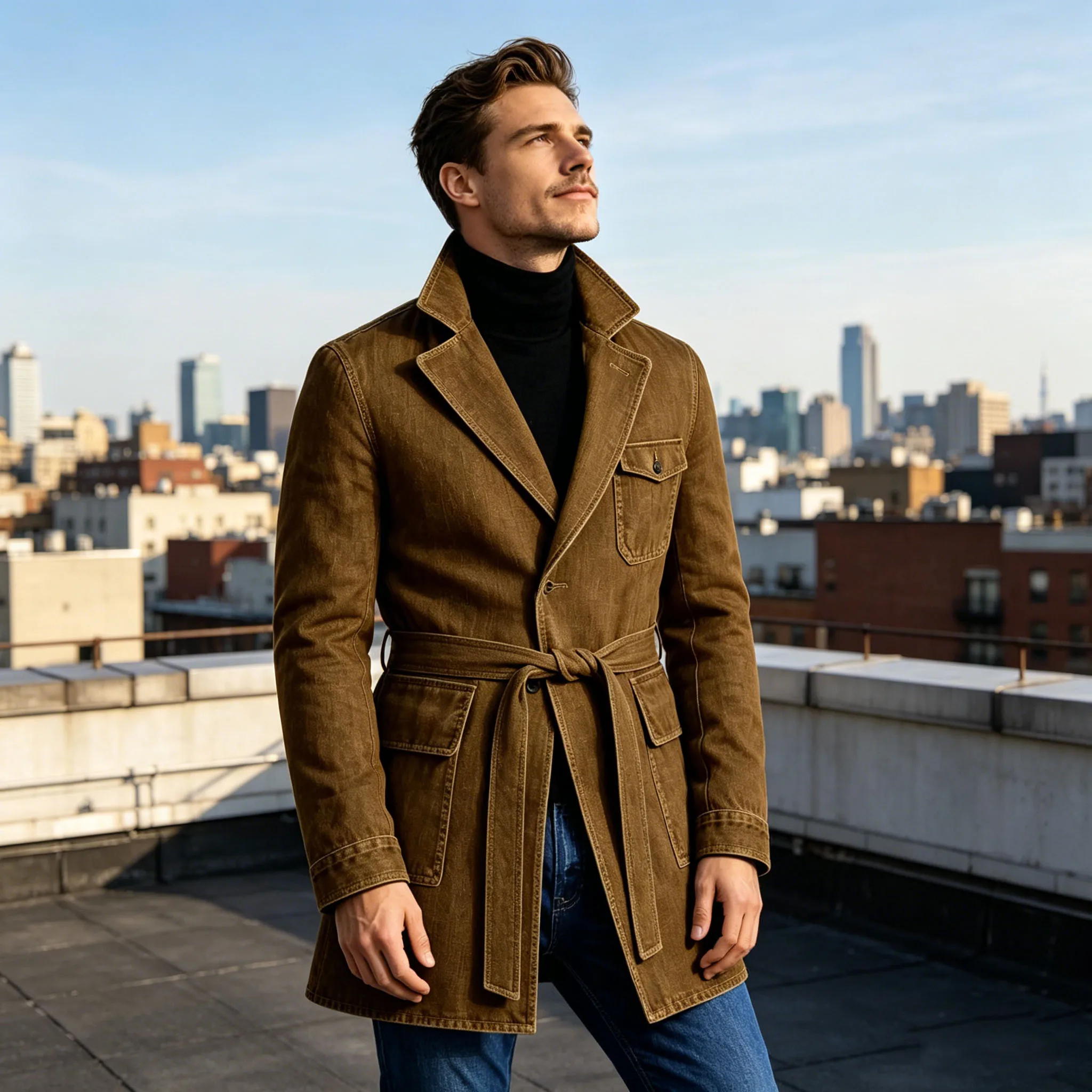 Men's Brown Denim Trench Coat Retro Slim Fit With Waist Belt Notched Lapel Flap Pocket Casual Washed Jean Jacket For Streetwear image 3