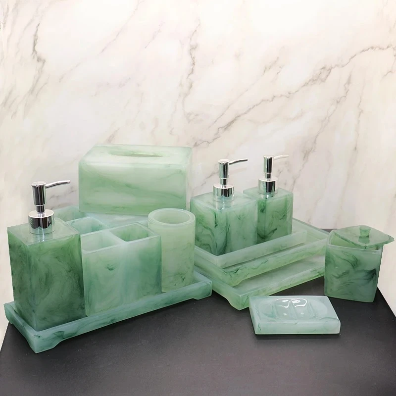 Emerald Texture Green Bathroom Accessories Set Imitation Jade Bath Supplies Portable Soap Dispenser Mouth Cup Resin Bath Tools