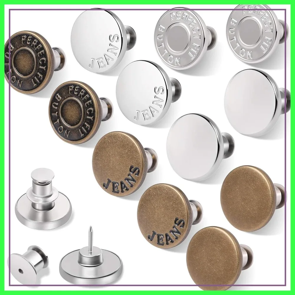 

12 Sets Button Pins for Loose Jeans, No Sew Jean Buttons Replacement, Adjustable Metal Snap Tack for Pants Waist Tightener