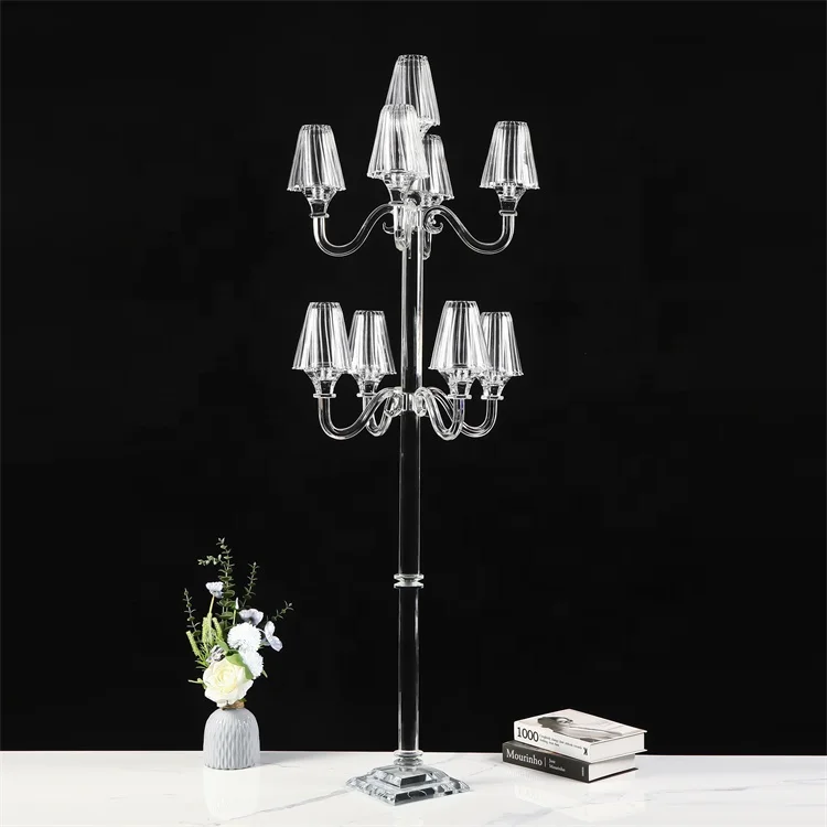 

Tall New Arrival Lamp Shade Glass Wedding Holder Table Centerpieces Glass Crystal Candle Candelabra Holder Stick 9 Arm