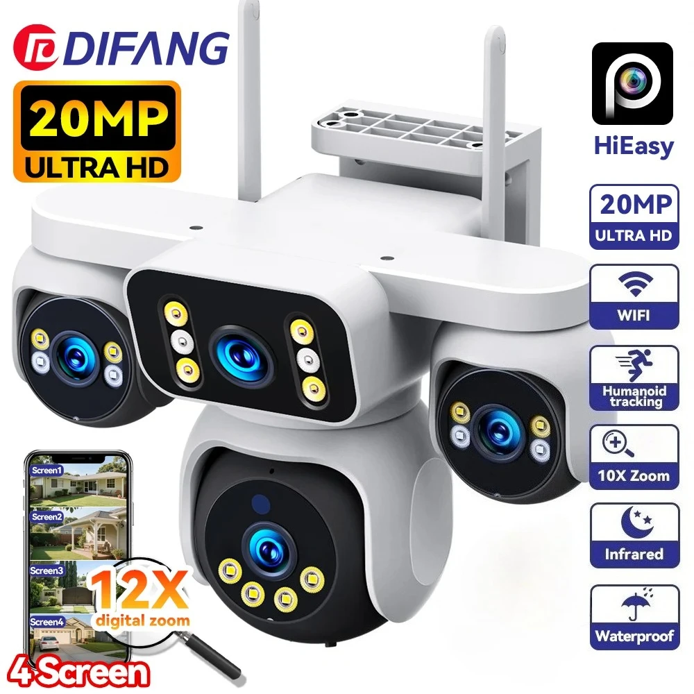 

DIFANG 20MP CCTV 4 Len 4 Screen WiFi 360° IP Camera 12X Zoom Auto Track Home Security Cam Waterproof Surveillance Outdoor 10K 4G
