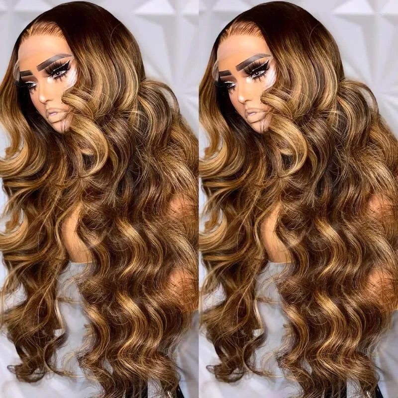 Body Wave Highlight Ombre Lace Front Human Hair Wigs 200% Density  4/ 27 Honey Blonde Colored Natural Hairline 100% Human Hair