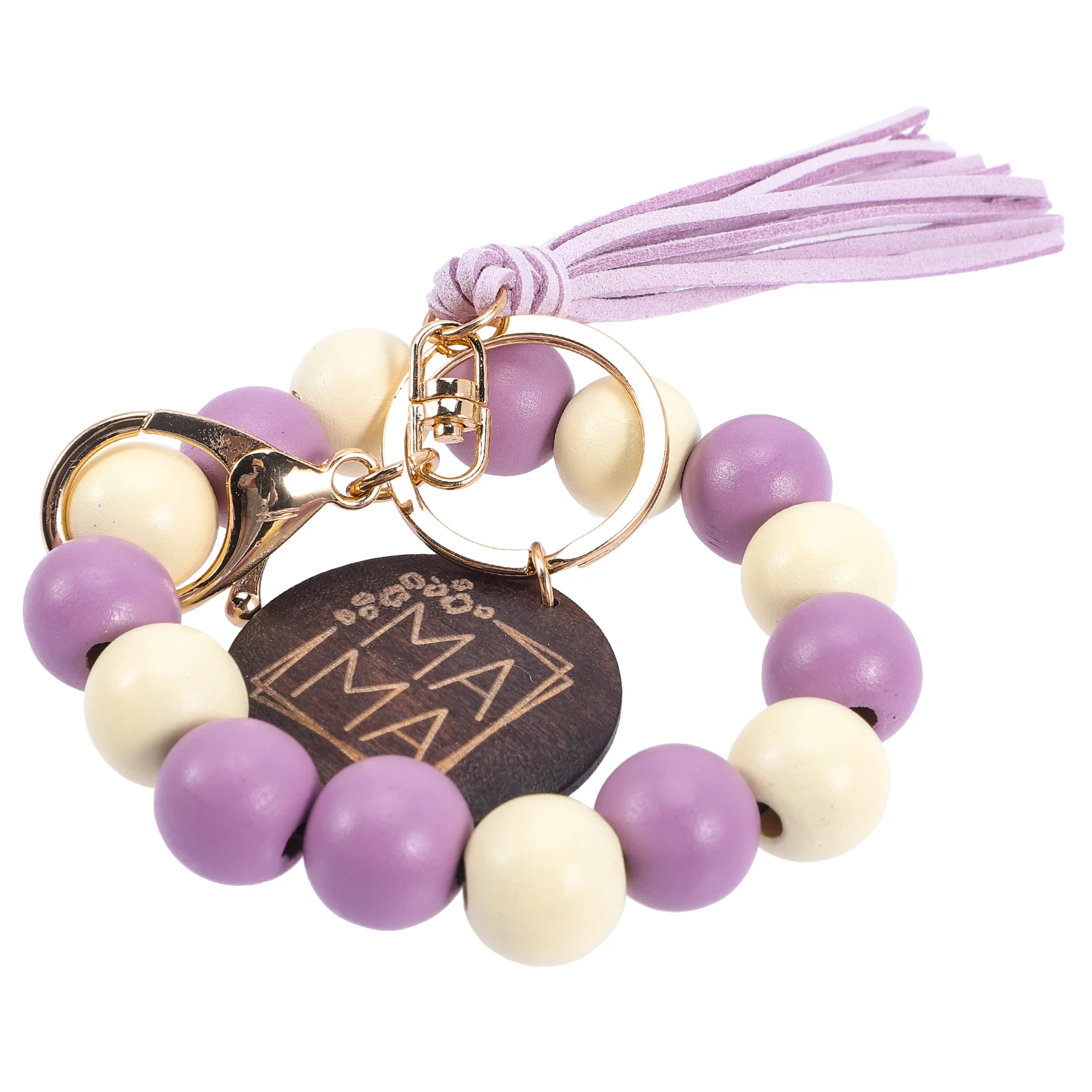 

Wooden Bead Bracelet Keychain Mom Keyring Purple Cloth Wrist Keychains Lightweight Comfortable Safe Skin Friendly