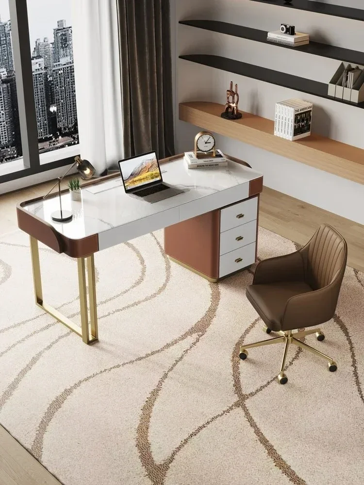 Italian rock slab desk chest solid wood living room modern office computer desk saddle leather