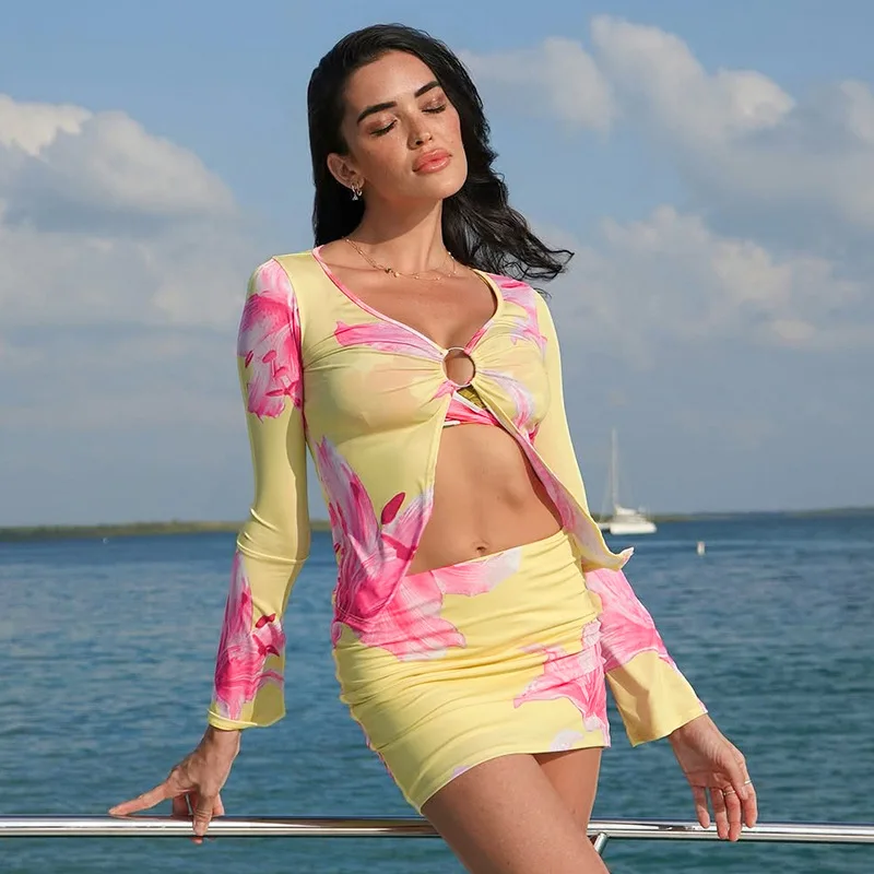 Women Tropical Print 2pcs Sets Lady Beach Holiday Party Ins Chic Hotsweet Suit Metal Ring Coat Hip Skirt Sets Female Split Tops