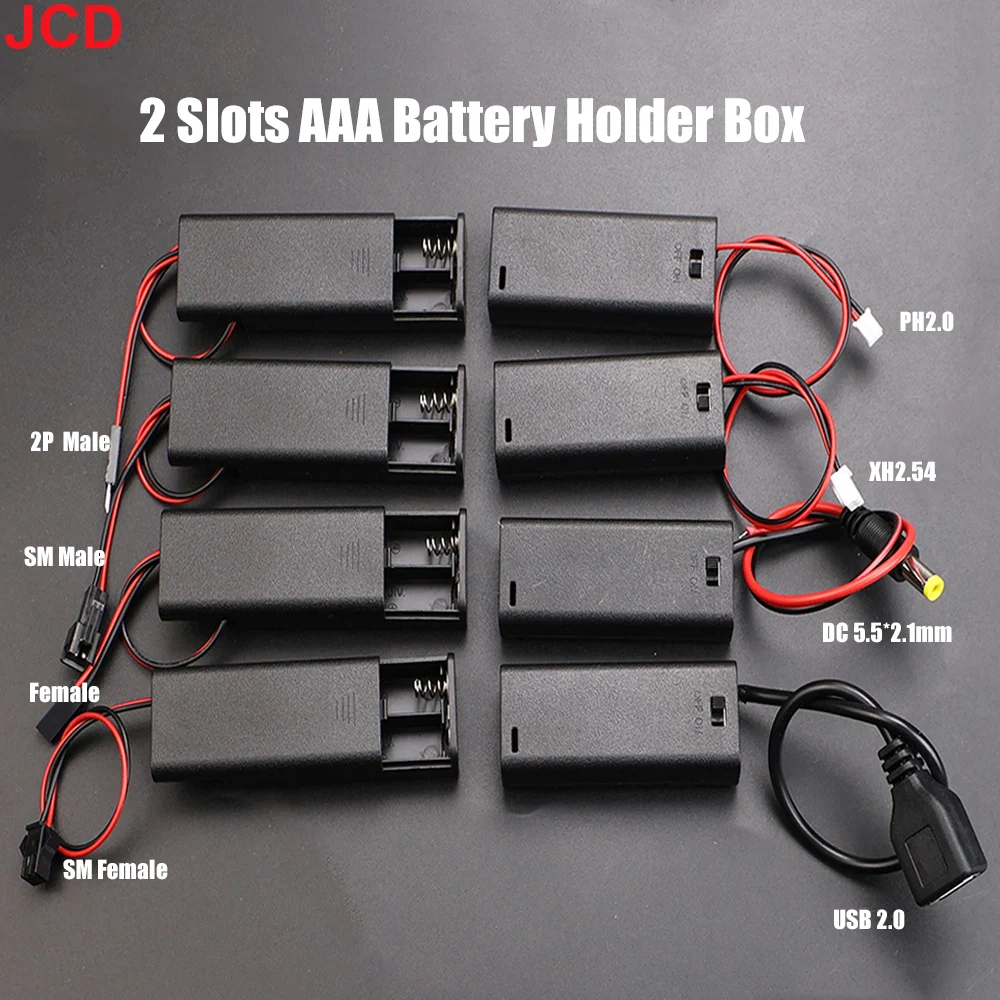 JCD 2 Slots Battery Storage Case AAA Battery Holder Box With Switch & Cover & PH2.0 XH2.54 DC5.5X2.1 USB2.0 Terminal Wire