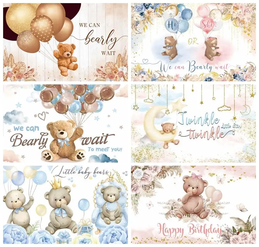 

Laeacco Lovely Cartoon Bear Backdrop Blue Floral Bohemian Hot Air Balloon Baby Birthday Portrait Custom Photography Background