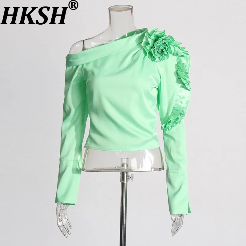 

HKSH Summer Women Elegant Mature Style Sexy Off-Shoulder Blouse Shirt New Asymmetrical Shoulder Tide Patchwork Floral Top HK8305