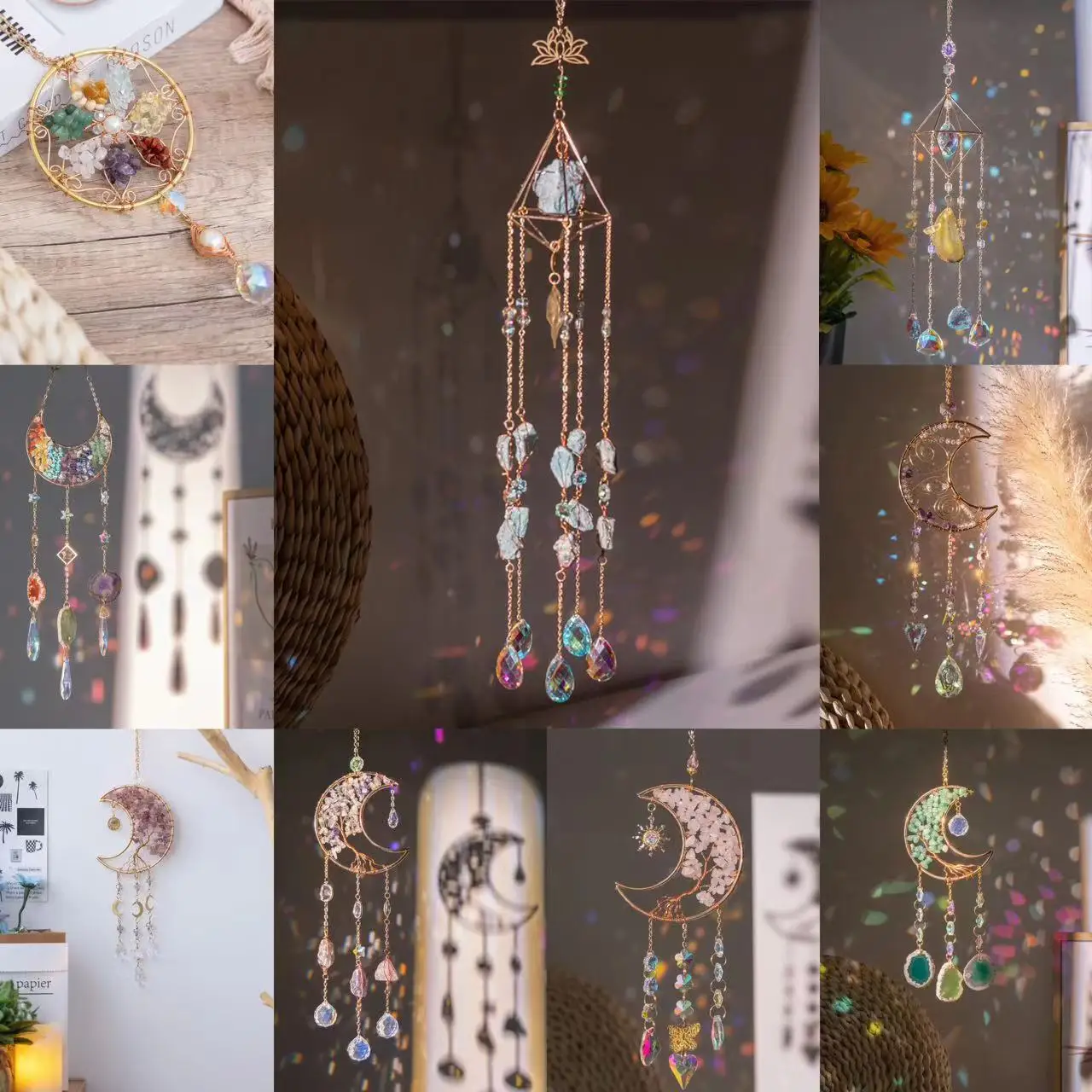 Natural Crystal Gravel Moon Wind Chime Crafts Decoration DIY Sunshine Pendant Amethyst Sun Catcher