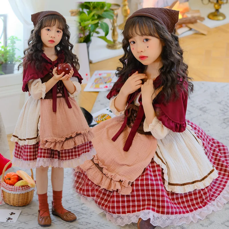 Christmas Costume Lolita Cosplay Little Red Riding Hood Shawl Cloak Pastoral Style Girls Costume Halloween Performance Costume