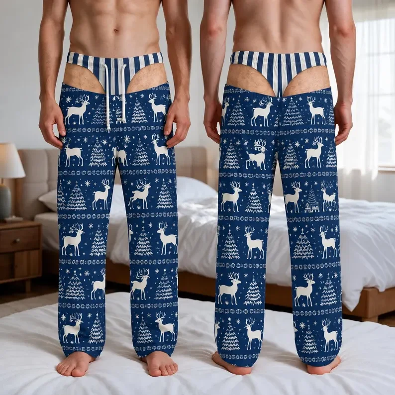 Men's Fun Christmas Fake Striped Underwear Printed Blue Reindeer Snow Tree Pattern Novelty Holiday Funny Gift Casual Pants
