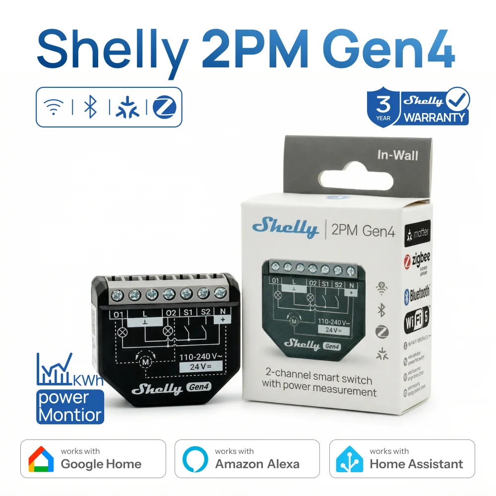 Shelly 2PM Gen4 Zigbee 2 Channel Smart Switch Matter Control Curtains Nlinds Power Metering Compatible Alexa Homekit Google Home