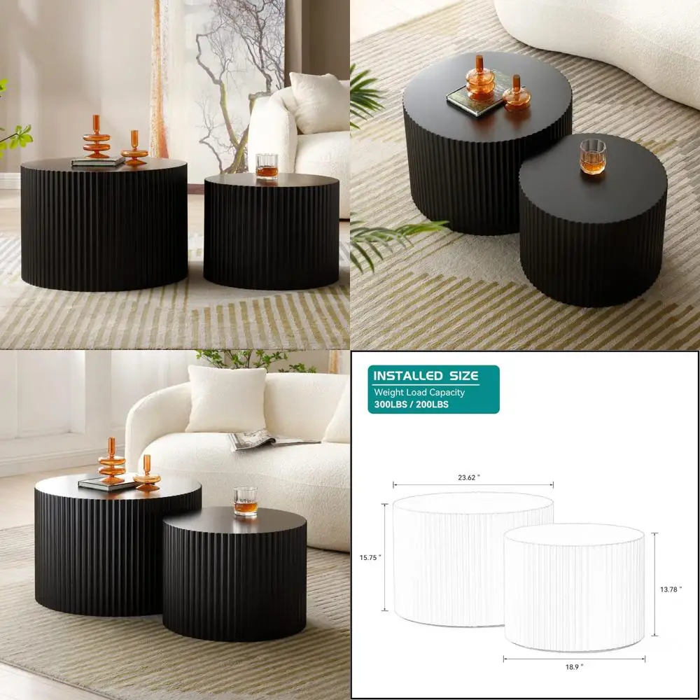Modern Black Round Nesting Coffee Table Set of 2 for Living Room, Contemporary Wood Circle Side Tables