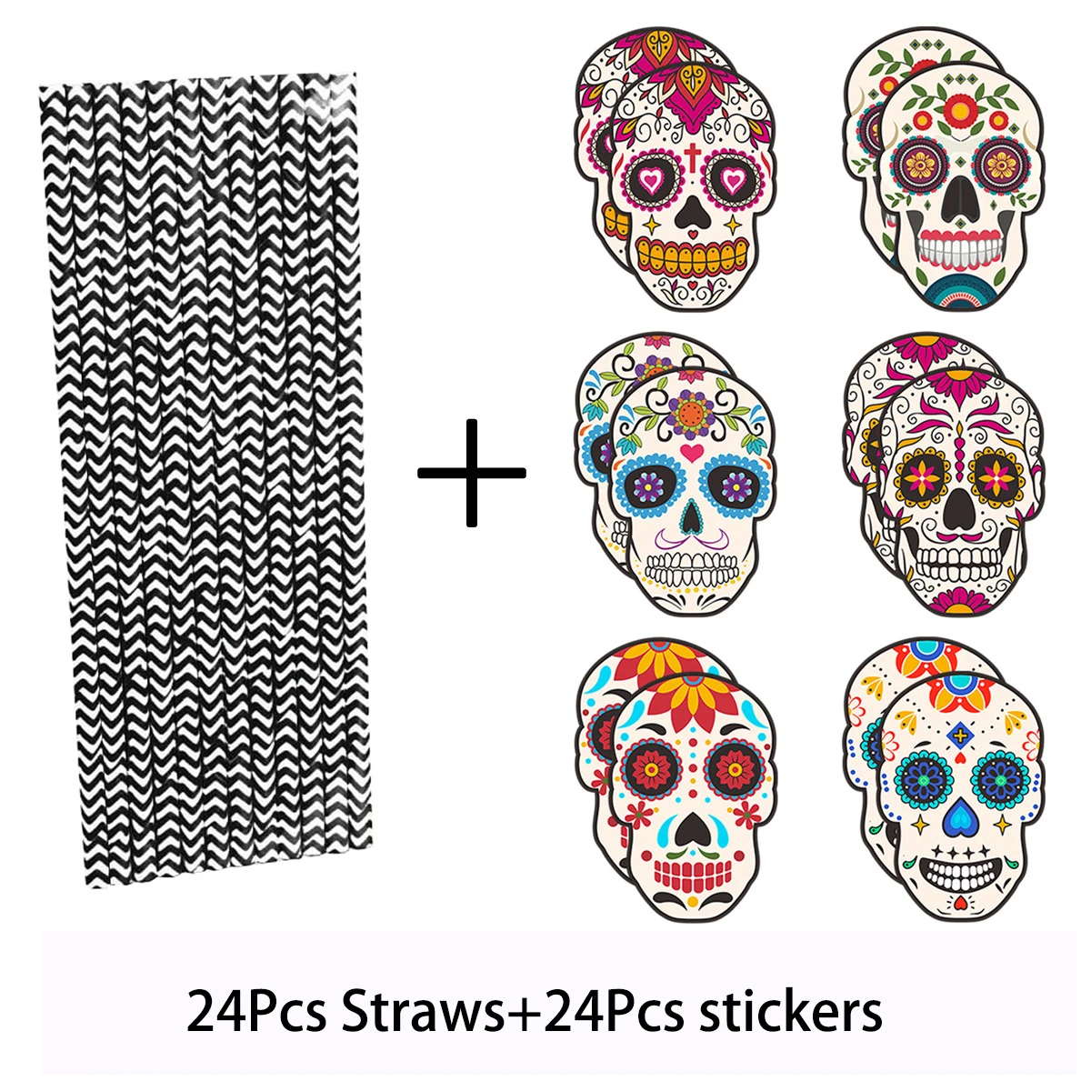 24Pcs Skull Disposable Paper Drinking Cocktail Juice Wine Straw Tableware for Mexican Day of The Dead Halloween Party Decoration