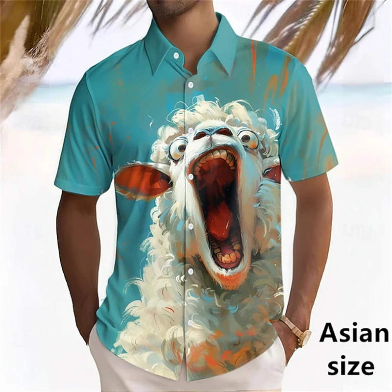 2025 Summer Funny Animal Screaming Sheep Horse Print Short Sleeve Shirt Fun Animal Cat Fashion Street Men's Lapel Button Shirts