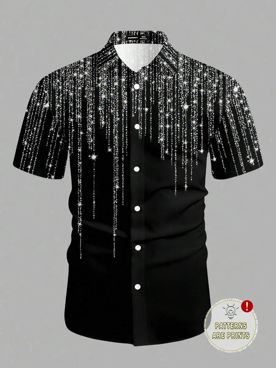 

Men's Black Short Sleeve Button-Front Shirt with Sparkling Starfall Print