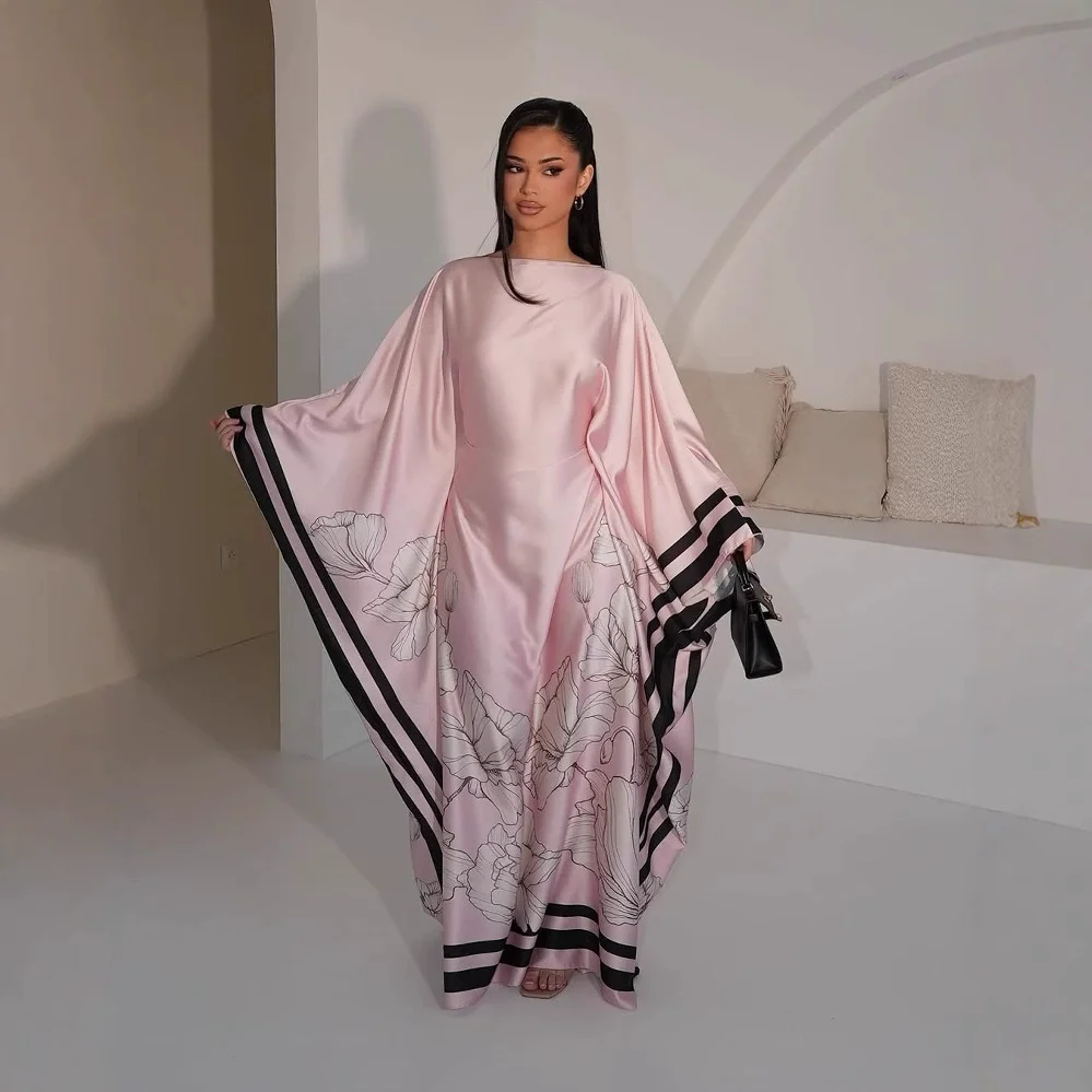 

Middle East Loose Luxurious Women's Evening Dress Floral Print Muslim Batwing Sleeve Abaya Dubai Turkey Arab Elegant Party Dress