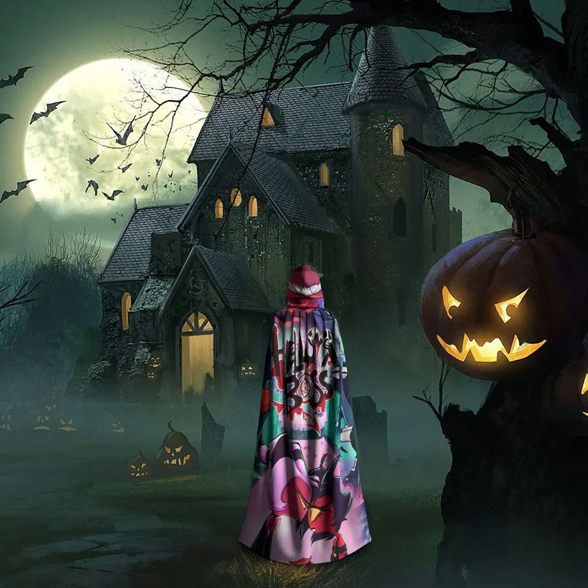 Helluva Boss Capa larga con capucha Disfraz medieval de bruja Capa de cosplay Fiesta de Halloween Adulto Unisex