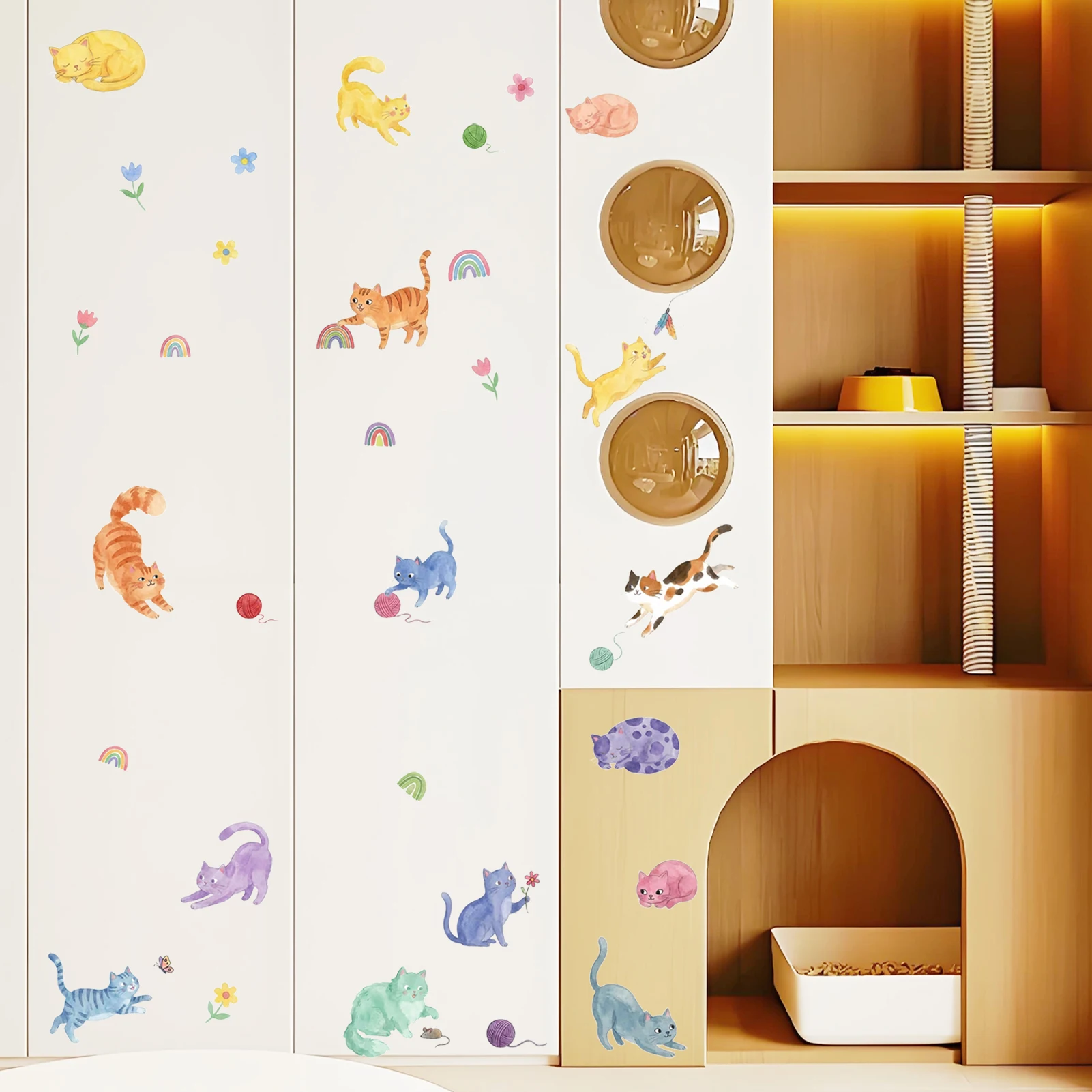 Watercolor Cat Wall Decals, Cute Colorful Kitten with Flowers & Rainbow Vinyl Stickers for Home Decor