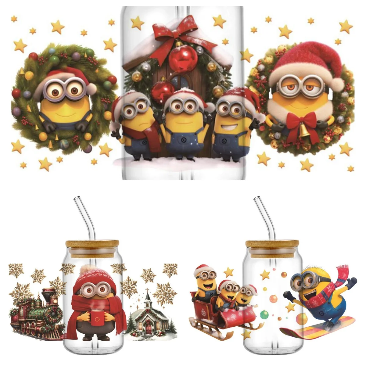 

Новый дизайн, рождественские миньоны, 3D УФ DTF, обертывания для чашек для 16 унций, водонепроницаемая наклейка-переводка, очки, мультяшная рождественская кружка «сделай сам», наклейка