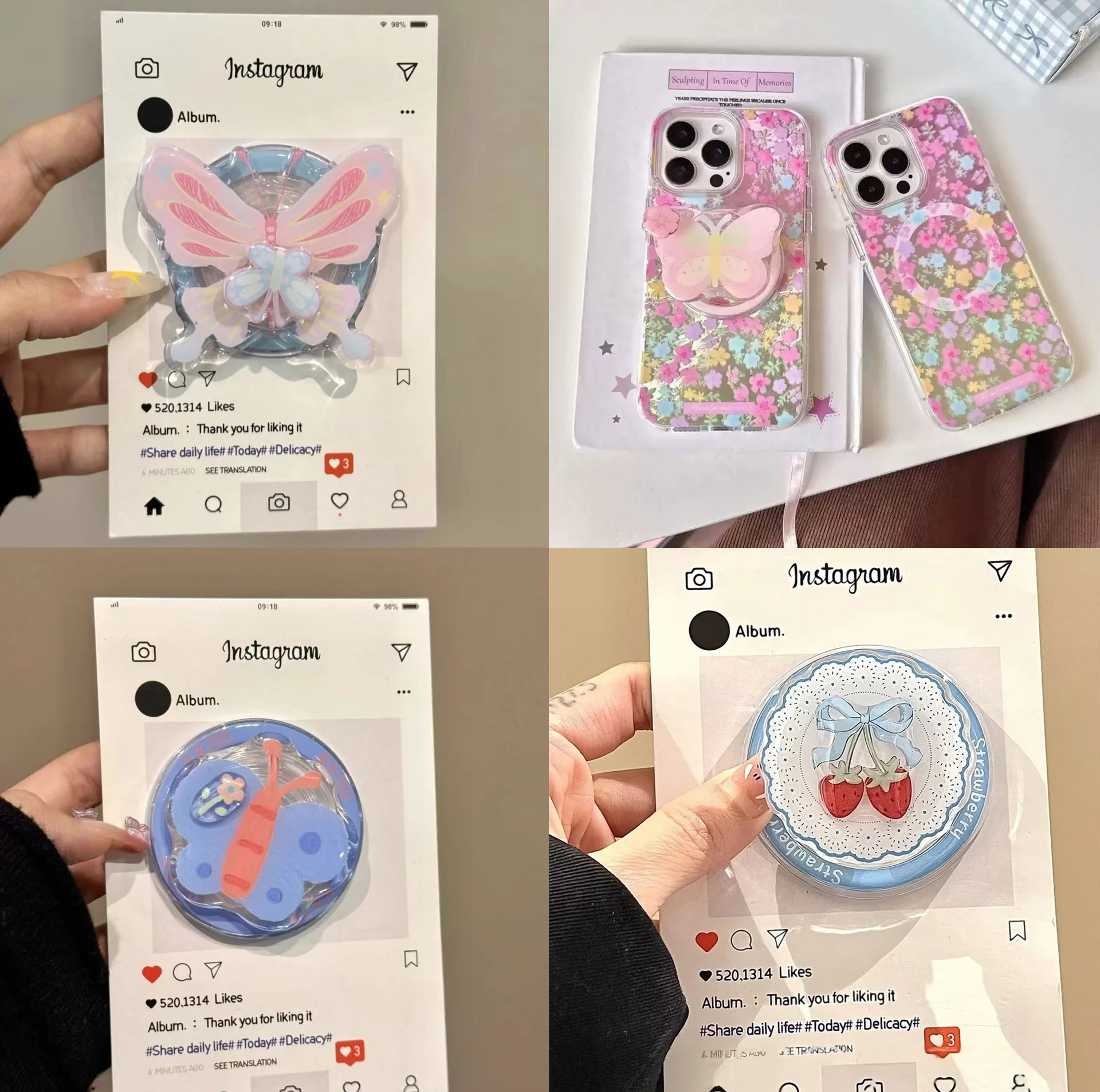 Cute Butterfly Strawberry Phone Grip Holder Rotating Magnetic Bracket Foldable Portable Finger Cell Mobile Desktop Stand Socket