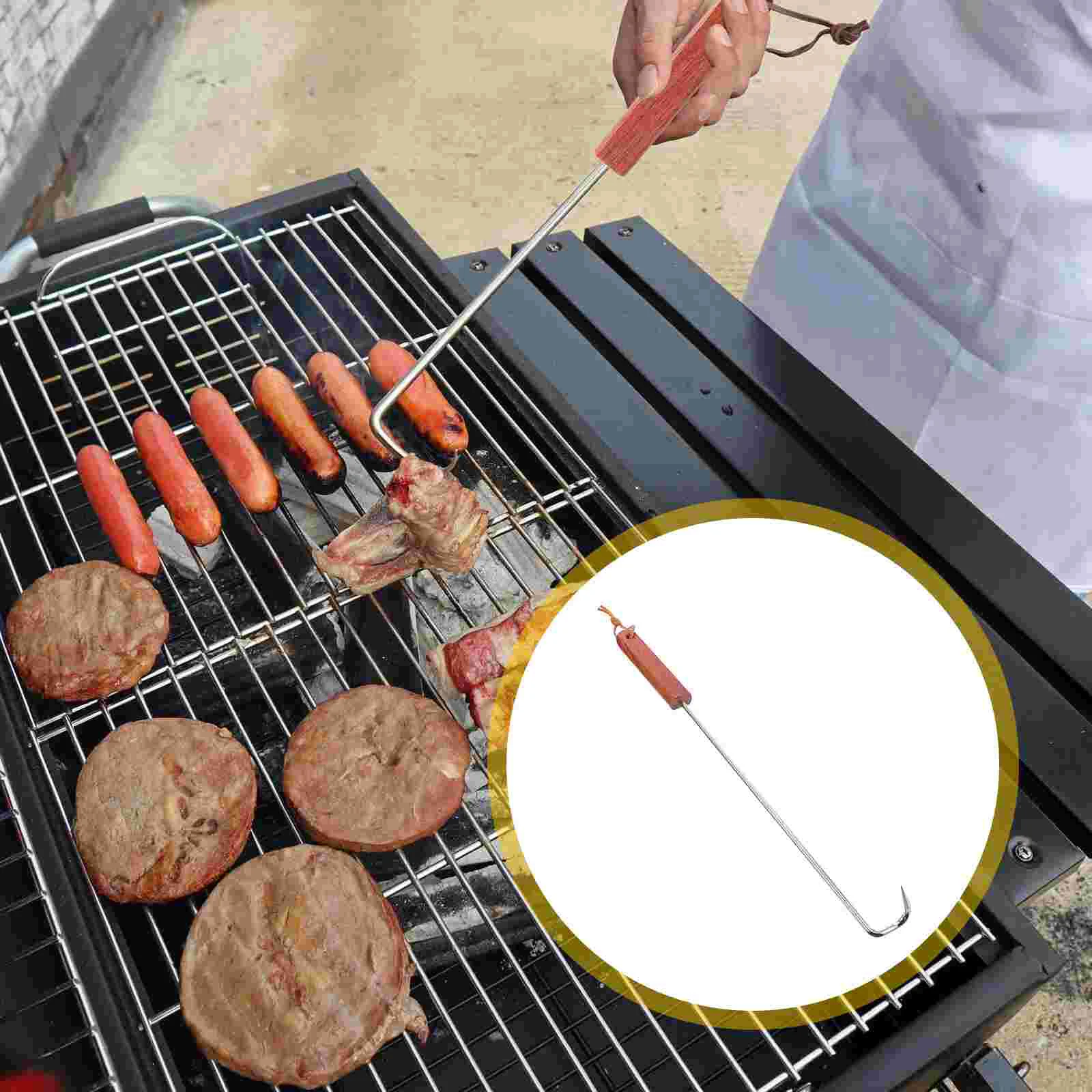 Meat Fork Portable Grill Flipper Wooden Handle Food BBQ Turner Hook Barbecue Kitchen Gadget Turning Tool Stainless Steel Hooks