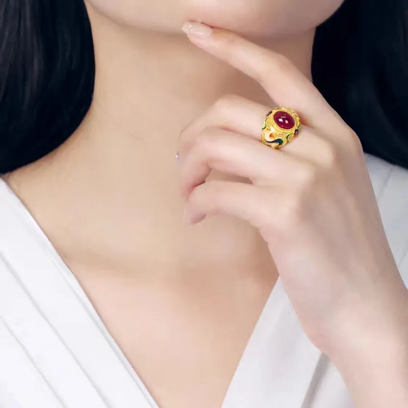 خاتم على شكل بيضاوي من المينا على الطراز الملكي ، عقيق أحمر ، خاتم بحجم قابل للتعديل ، مطلي بالذهب عيار 24